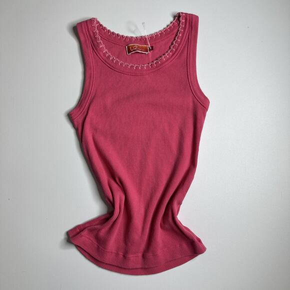 U2 Ladies Y2k Pink Ribbed Tank Embroidered Trim Coquette Baby Tee Dollcore XS - Picture 3 of 10